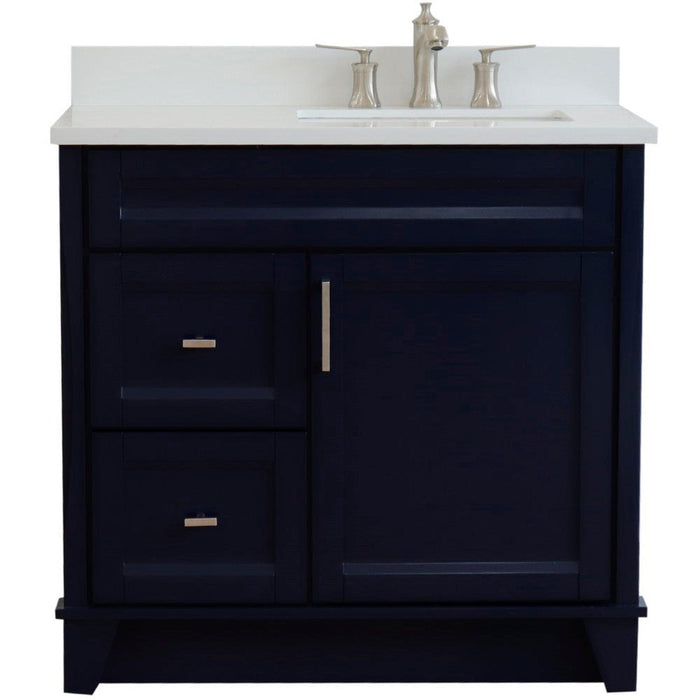 Bellaterra Home Terni 37" 1-Door 2-Drawer Blue Freestanding Vanity Set With Ceramic Right Offset Undermount Rectangular Sink and White Quartz Top, and Right Door Base