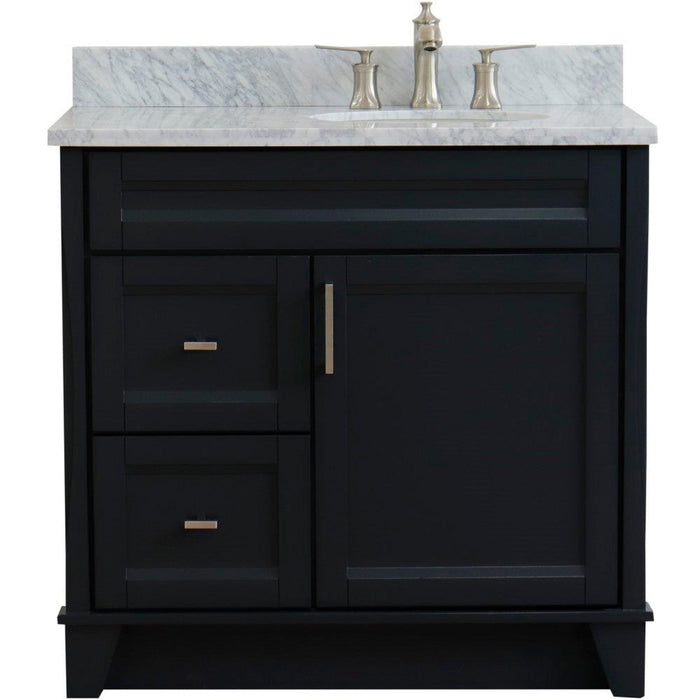 Bellaterra Home Terni 37" 1-Door 2-Drawer Dark Gray Freestanding Vanity Set With Ceramic Right Offset Undermount Oval Sink and White Carrara Marble Top, and Right Door Base