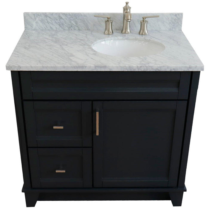 Bellaterra Home Terni 37" 1-Door 2-Drawer Dark Gray Freestanding Vanity Set With Ceramic Right Offset Undermount Oval Sink and White Carrara Marble Top, and Right Door Base