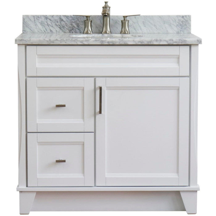 Bellaterra Home Terni 37" 1-Door 2-Drawer White Freestanding Vanity Set With Ceramic Center Undermount Oval Sink and White Carrara Marble Top, and Right Door Base
