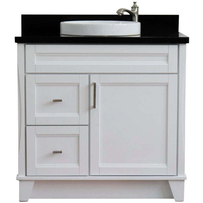 Bellaterra Home Terni 37" 1-Door 2-Drawer White Freestanding Vanity Set With Ceramic Center Vessel Sink and Black Galaxy Granite Top, and Right Door Base