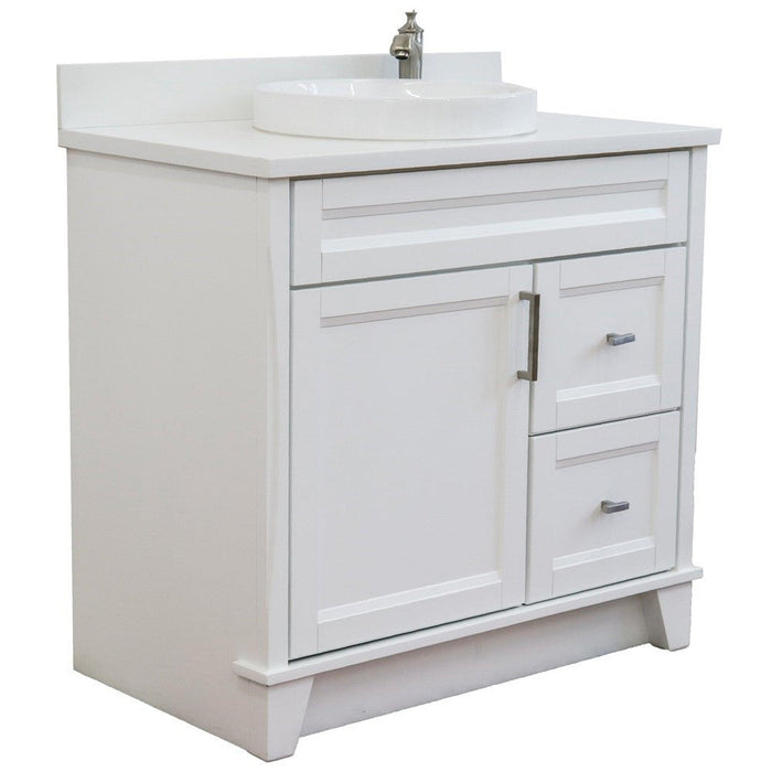Bellaterra Home Terni 37" 1-Door 2-Drawer White Freestanding Vanity Set With Ceramic Center Vessel Sink and White Quartz Top, and Left Door Base