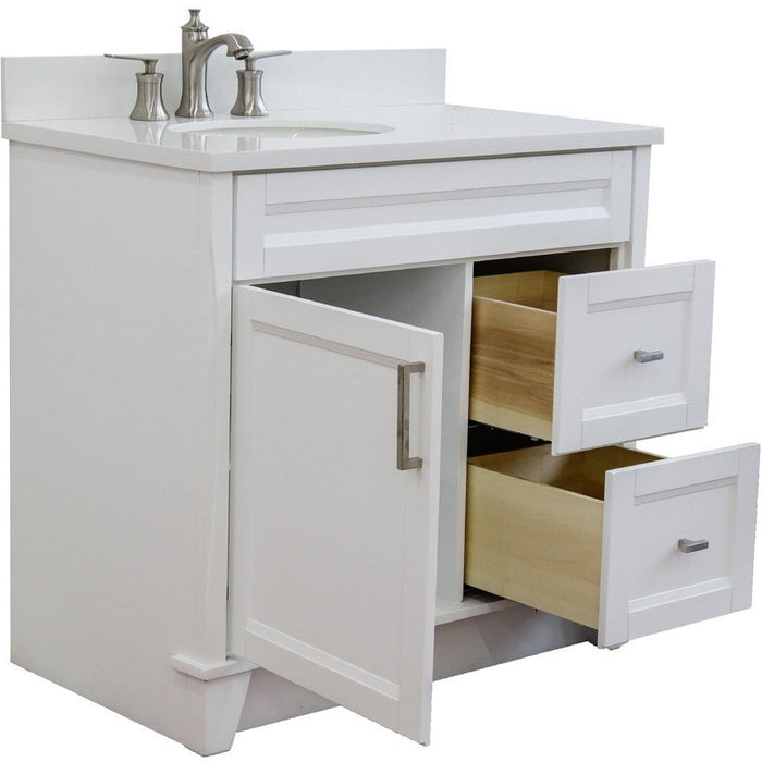 Bellaterra Home Terni 37" 1-Door 2-Drawer White Freestanding Vanity Set With Ceramic Left Offset Undermount Oval Sink and White Quartz Top, and Left Door Base