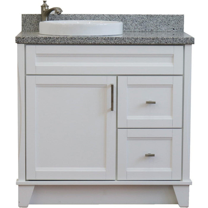 Bellaterra Home Terni 37" 1-Door 2-Drawer White Freestanding Vanity Set With Ceramic Left Offset Vessel Sink and Gray Granite Top, and Left Door Base