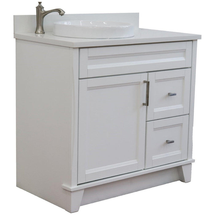 Bellaterra Home Terni 37" 1-Door 2-Drawer White Freestanding Vanity Set With Ceramic Left Offset Vessel Sink and White Quartz Top, and Left Door Base
