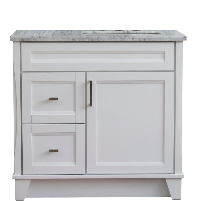 Bellaterra Home Terni 37" 1-Door 2-Drawer White Freestanding Vanity Set With Ceramic Right Offset Undermount Rectangular Sink and White Carrara Marble Top, and Right Door Base