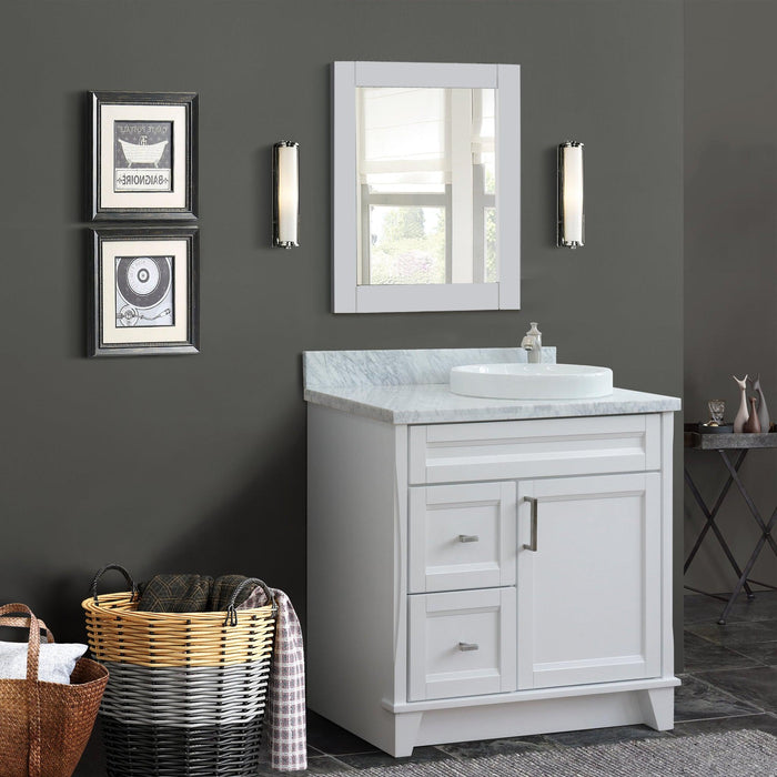 Bellaterra Home Terni 37" 1-Door 2-Drawer White Freestanding Vanity Set With Ceramic Right Offset Vessel Sink and White Carrara Marble Top, and Right Door Base