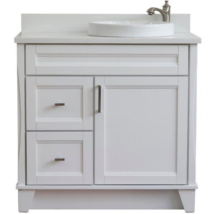 Bellaterra Home Terni 37" 1-Door 2-Drawer White Freestanding Vanity Set With Ceramic Right Offset Vessel Sink and White Quartz Top, and Right Door Base