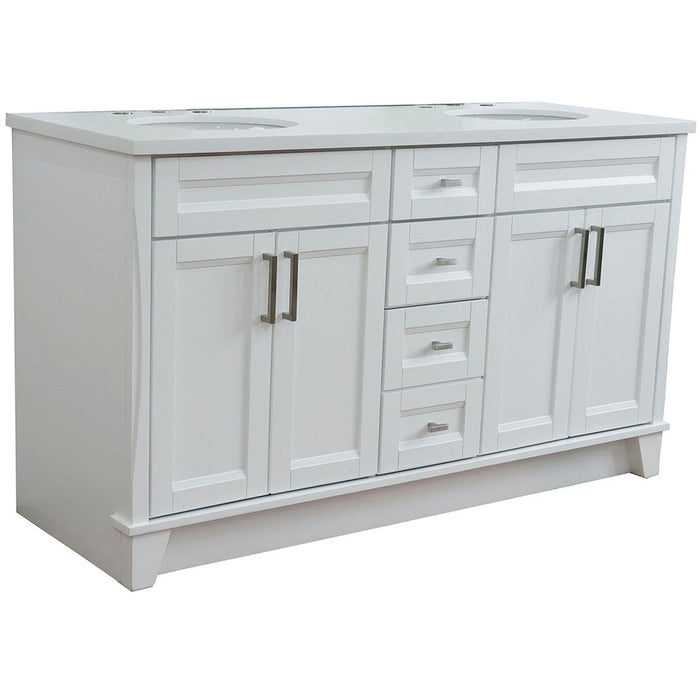 Bellaterra Home Terni 61" 4-Door 3-Drawer White Freestanding Vanity Set With Ceramic Double Undermount Oval Sink And White Quartz Top