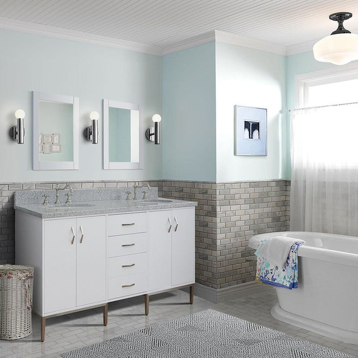 Bellaterra Home Tivoli 61" 4-Door 3-Drawer White Freestanding Double Vanity Set With Ceramic Double Undermount Oval Sink and Gray Granite Top