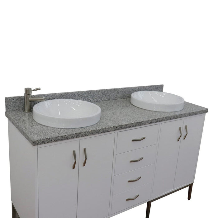 Bellaterra Home Tivoli 61" 4-Door 3-Drawer White Freestanding Double Vanity Set With Ceramic Double Vessel Sink and Gray Granite Top