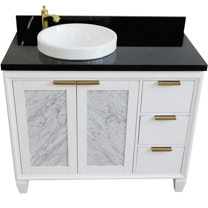Bellaterra Home Trento 43" 2-Door 3-Drawer White Freestanding Vanity Set With Ceramic Left Vessel Sink and Black Galaxy Granite Top, and Left Door Cabinet
