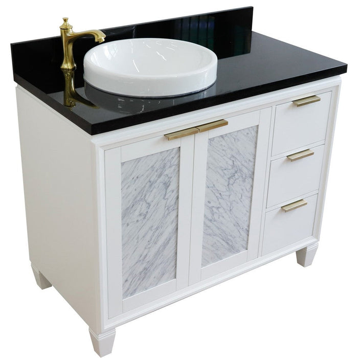 Bellaterra Home Trento 43" 2-Door 3-Drawer White Freestanding Vanity Set With Ceramic Left Vessel Sink and Black Galaxy Granite Top, and Left Door Cabinet
