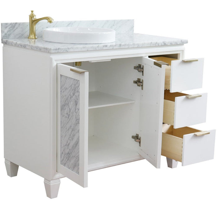Bellaterra Home Trento 43" 2-Door 3-Drawer White Freestanding Vanity Set With Ceramic Left Vessel Sink and White Carrara Marble Top, and Left Door Cabinet
