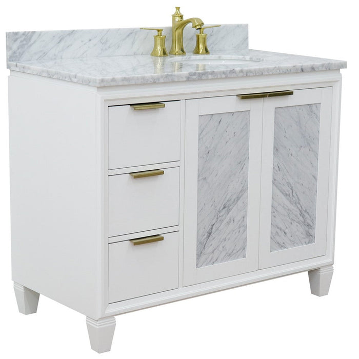 Bellaterra Home Trento 43" 2-Door 3-Drawer White Freestanding Vanity Set With Ceramic Right Undermount Oval Sink and White Carrara Marble Top, and Right Door Cabinet
