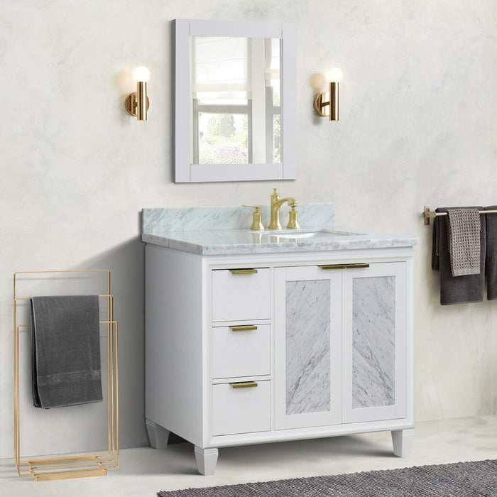 Bellaterra Home Trento 43" 2-Door 3-Drawer White Freestanding Vanity Set With Ceramic Right Undermount Rectangular Sink and White Carrara Marble Top, and Right Door Cabinet