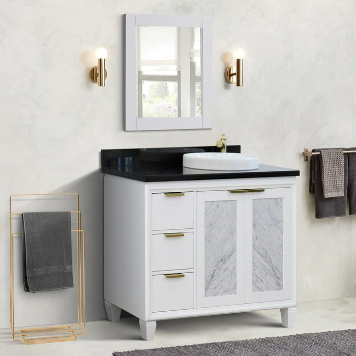 Bellaterra Home Trento 43" 2-Door 3-Drawer White Freestanding Vanity Set With Ceramic Right Vessel Sink and Black Galaxy Granite Top, and Right Door Cabinet