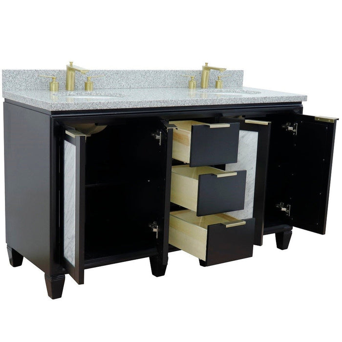 Bellaterra Home Trento 61" 4-Door 3-Drawer Black Freestanding Vanity Set With Ceramic Double Undermount Oval Sink and Gray Granite Top