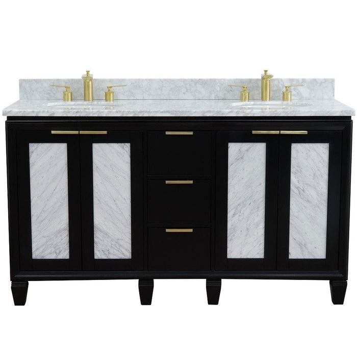 Bellaterra Home Trento 61" 4-Door 3-Drawer Black Freestanding Vanity Set With Ceramic Double Undermount Oval Sink and White Carrara Marble Top