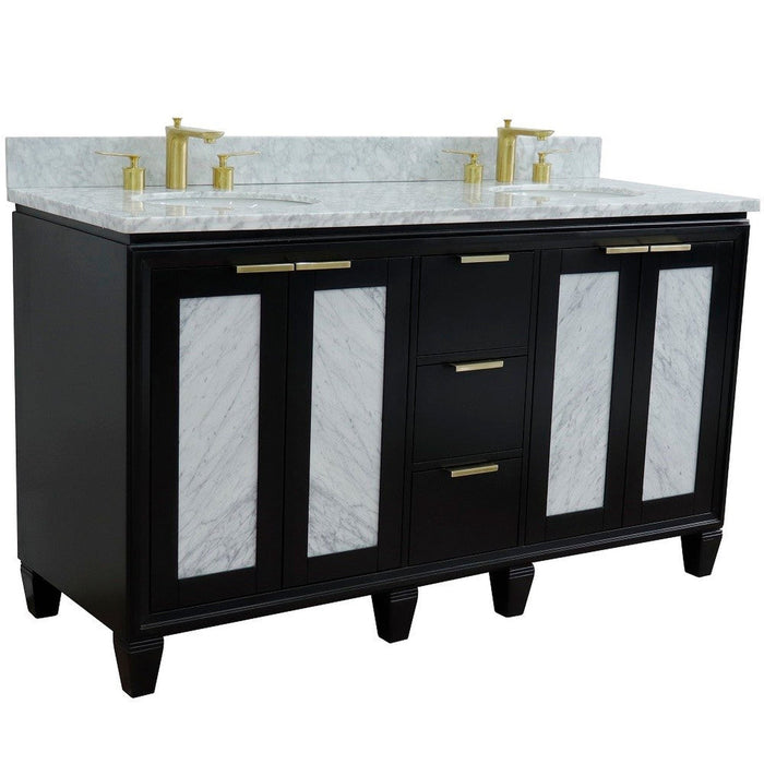 Bellaterra Home Trento 61" 4-Door 3-Drawer Black Freestanding Vanity Set With Ceramic Double Undermount Oval Sink and White Carrara Marble Top