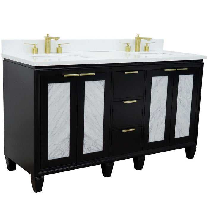 Bellaterra Home Trento 61" 4-Door 3-Drawer Black Freestanding Vanity Set With Ceramic Double Undermount Rectangular Sink and White Quartz Top