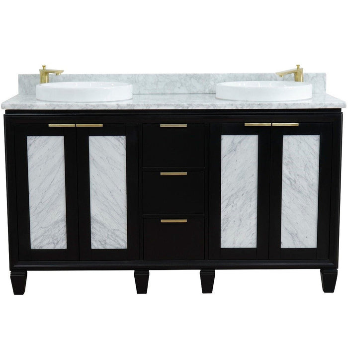 Bellaterra Home Trento 61" 4-Door 3-Drawer Black Freestanding Vanity Set With Ceramic Double Vessel Sink and White Carrara Marble Top