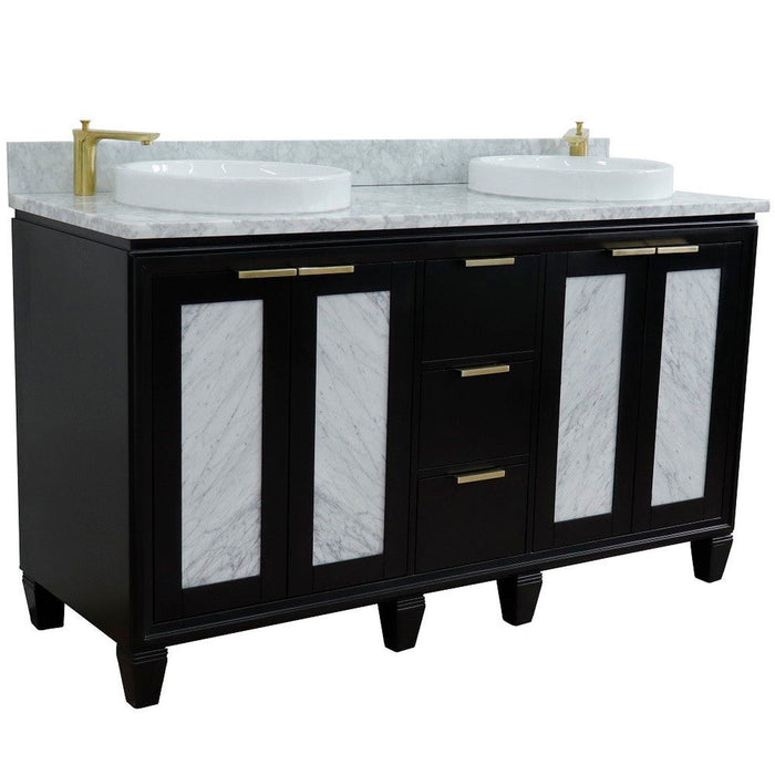 Bellaterra Home Trento 61" 4-Door 3-Drawer Black Freestanding Vanity Set With Ceramic Double Vessel Sink and White Carrara Marble Top