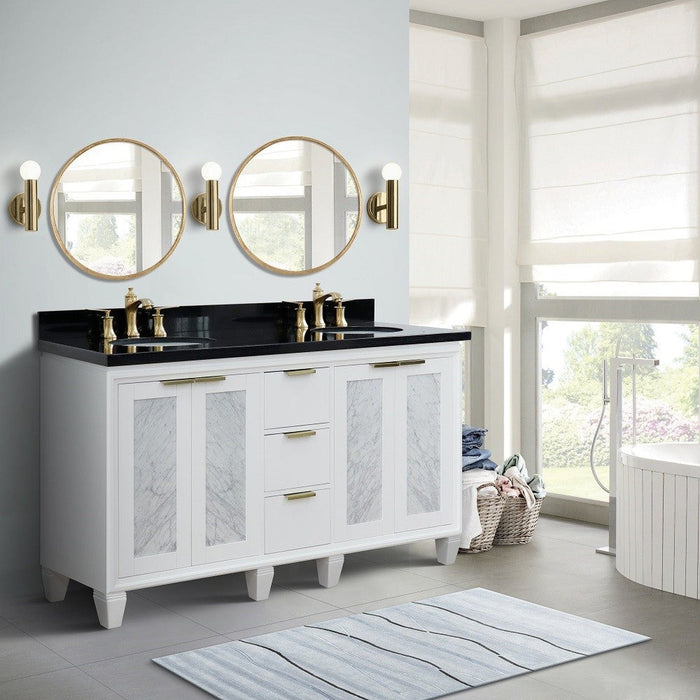 Bellaterra Home Trento 61" 4-Door 3-Drawer White Freestanding Vanity Set With Ceramic Double Undermount Oval Sink and Black Galaxy Granite Top