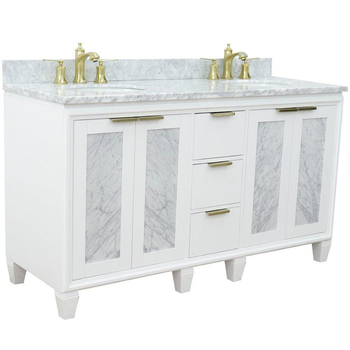 Bellaterra Home Trento 61" 4-Door 3-Drawer White Freestanding Vanity Set With Ceramic Double Undermount Oval Sink and White Carrara Marble Top