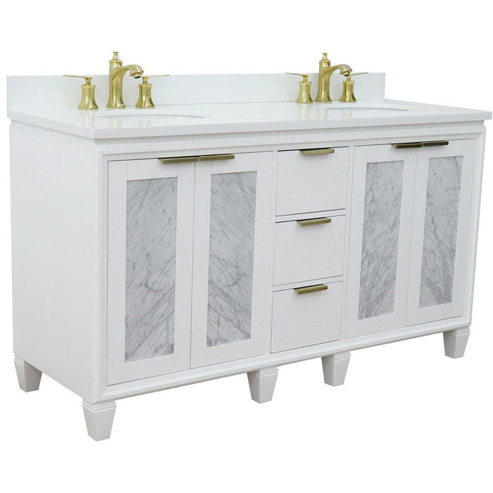 Bellaterra Home Trento 61" 4-Door 3-Drawer White Freestanding Vanity Set With Ceramic Double Undermount Oval Sink and White Quartz Top