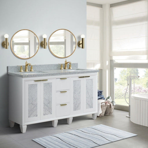 Bellaterra Home Trento 61" 4-Door 3-Drawer White Freestanding Vanity Set With Ceramic Double Undermount Rectangular Sink and Gray Granite Top