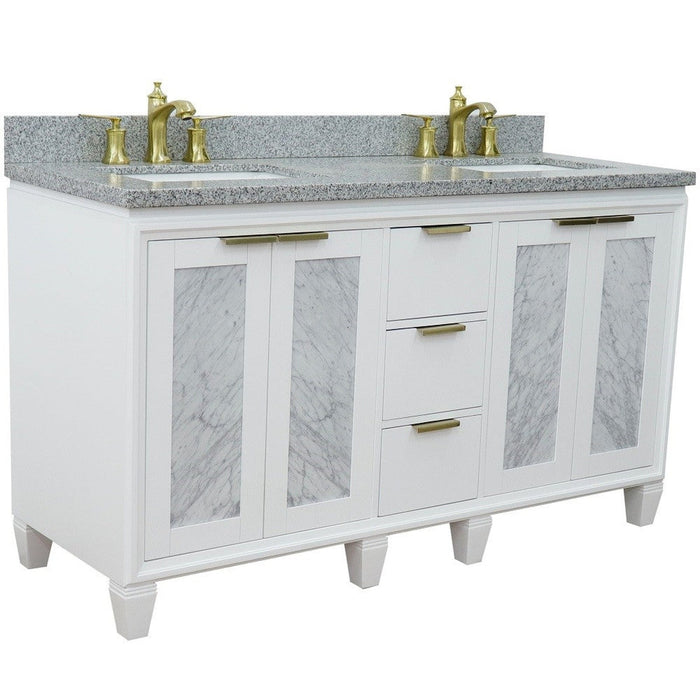 Bellaterra Home Trento 61" 4-Door 3-Drawer White Freestanding Vanity Set With Ceramic Double Undermount Rectangular Sink and Gray Granite Top
