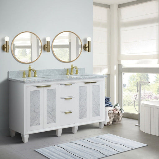 Bellaterra Home Trento 61" 4-Door 3-Drawer White Freestanding Vanity Set With Ceramic Double Undermount Rectangular Sink and White Carrara Marble Top