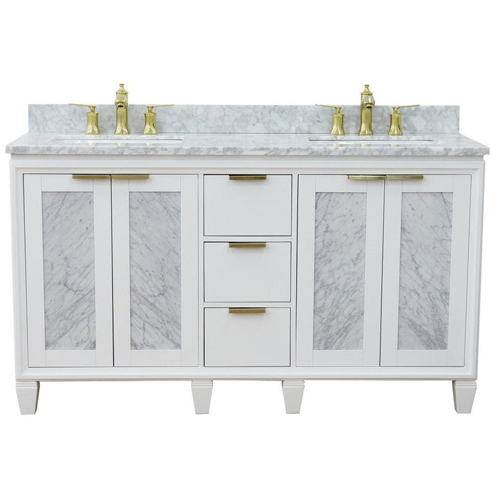 Bellaterra Home Trento 61" 4-Door 3-Drawer White Freestanding Vanity Set With Ceramic Double Undermount Rectangular Sink and White Carrara Marble Top