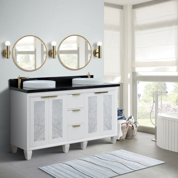 Bellaterra Home Trento 61" 4-Door 3-Drawer White Freestanding Vanity Set With Ceramic Double Vessel Sink and Black Galaxy Granite Top