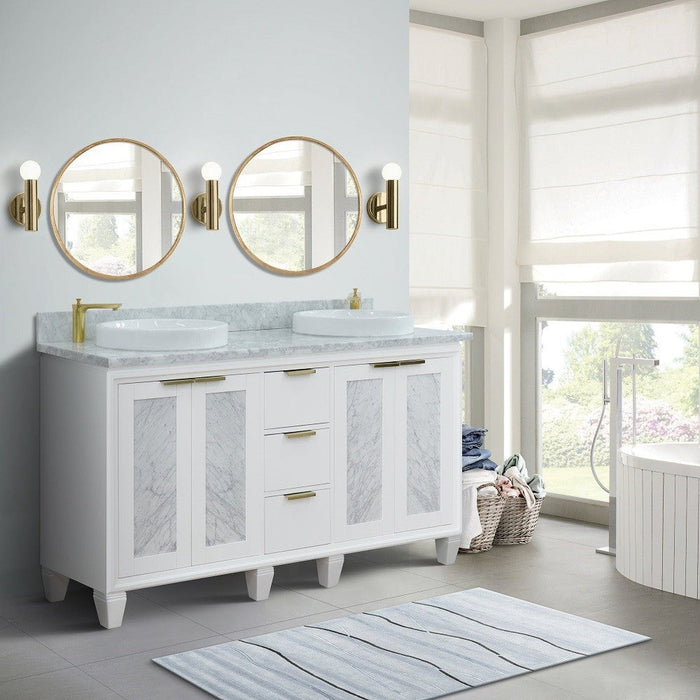 Bellaterra Home Trento 61" 4-Door 3-Drawer White Freestanding Vanity Set With Ceramic Double Vessel Sink and White Carrara Marble Top