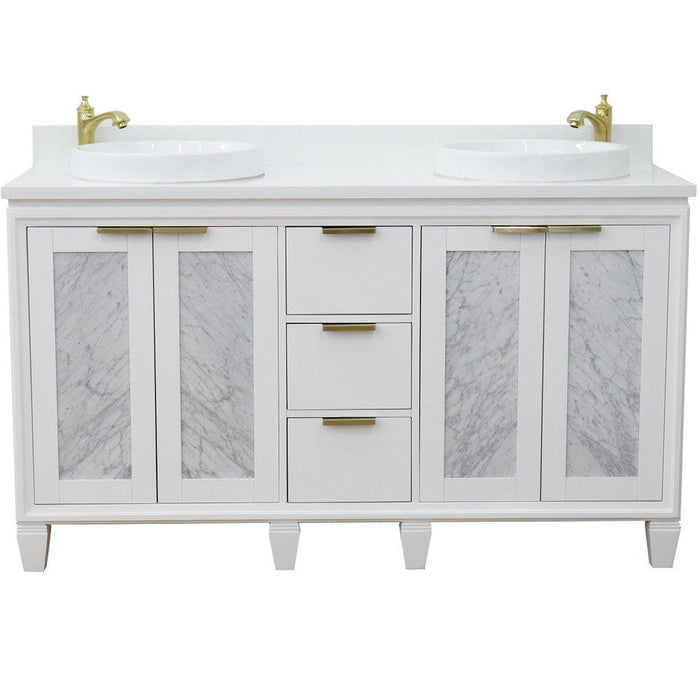 Bellaterra Home Trento 61" 4-Door 3-Drawer White Freestanding Vanity Set With Ceramic Double Vessel Sink and White Quartz Top