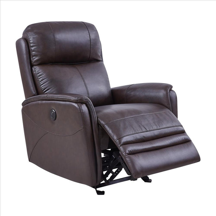 Benjara 19 Inch Contemporary Recliner Leather Chair With USB, Brown BM236616