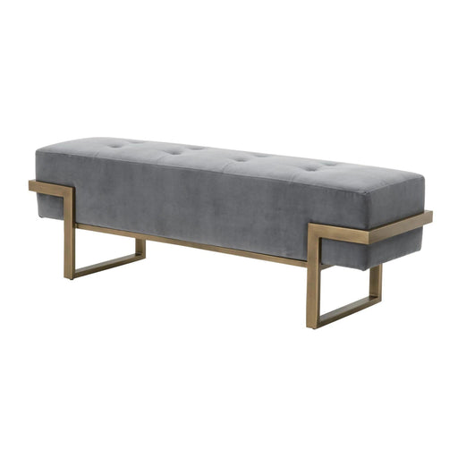 Benjara Button Tufted Fabric Upholstered Bench With Metal Base, Gray And Brass BM217303