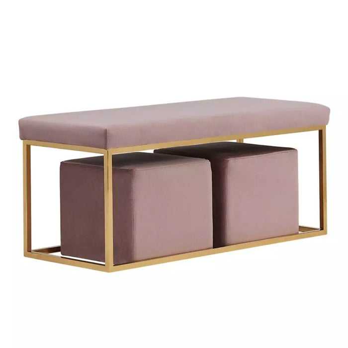 Benjara Fabric Bench With Stainless Steel Base With 2 Ottomans, Purple BM223481