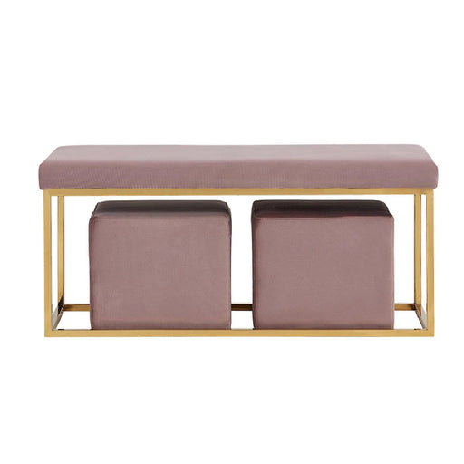 Benjara Fabric Bench With Stainless Steel Base With 2 Ottomans, Purple BM223481
