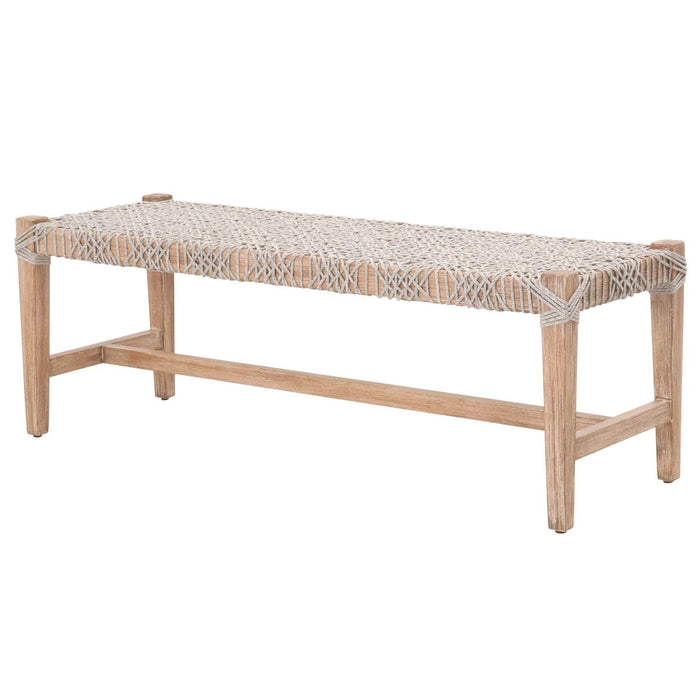 Benjara Interwind Rope Top Wooden Frame Bench With Trestle Base, Gray And Brown BM217352