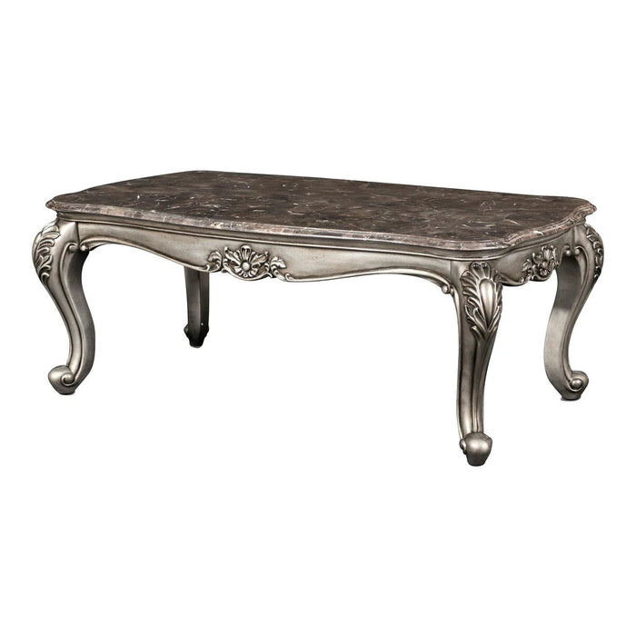 Benjara Wooden Cocktail Table With Marble Top And Carved Details, Gray BM218022