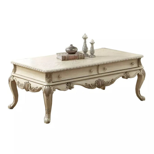 Benzara 19 Inch 2 Drawer Traditional Wooden Coffee Table, Antique White BM191257