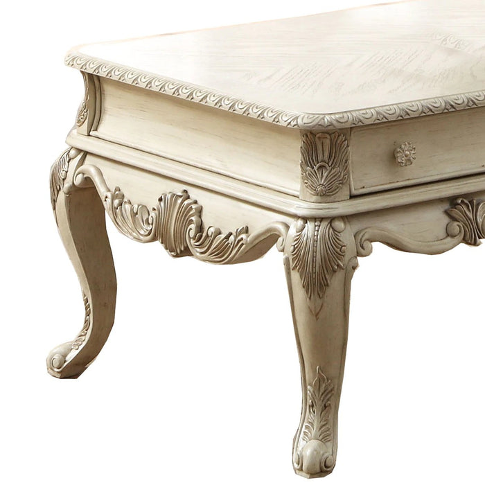 Benzara 19 Inch 2 Drawer Traditional Wooden Coffee Table, Antique White BM191257