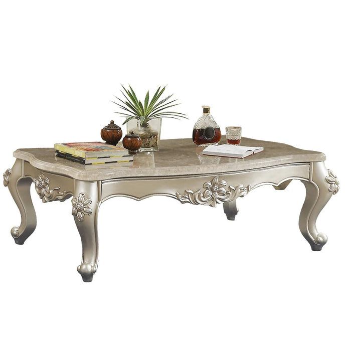 Benzara 20" Carved Wooden Coffee Table With Marble Top, Silver BM186974