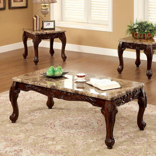 Benzara 3 PIECE TABLE SET With Marble Table Top, Dark Oak Brown BM131463