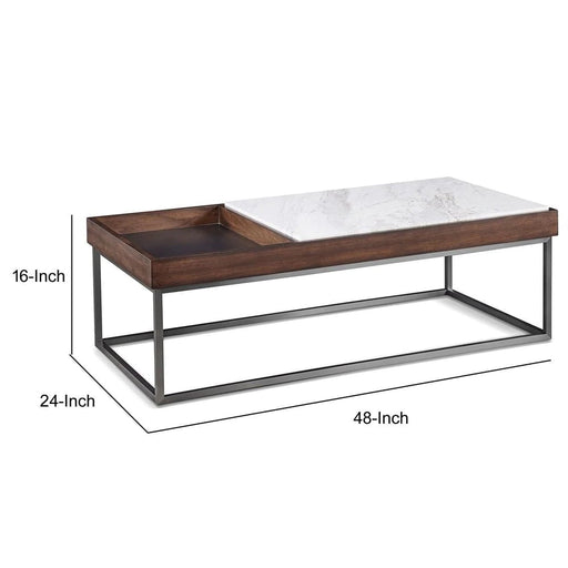 Benzara 48 Inches Marble Top Coffee Table With Storage Slot, White And Brown BM231898