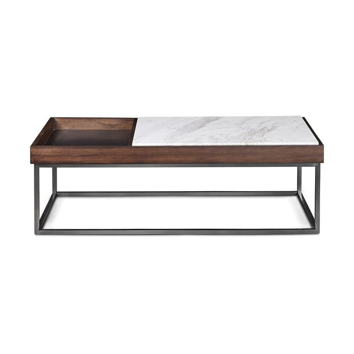 Benzara 48 Inches Marble Top Coffee Table With Storage Slot, White And Brown BM231898