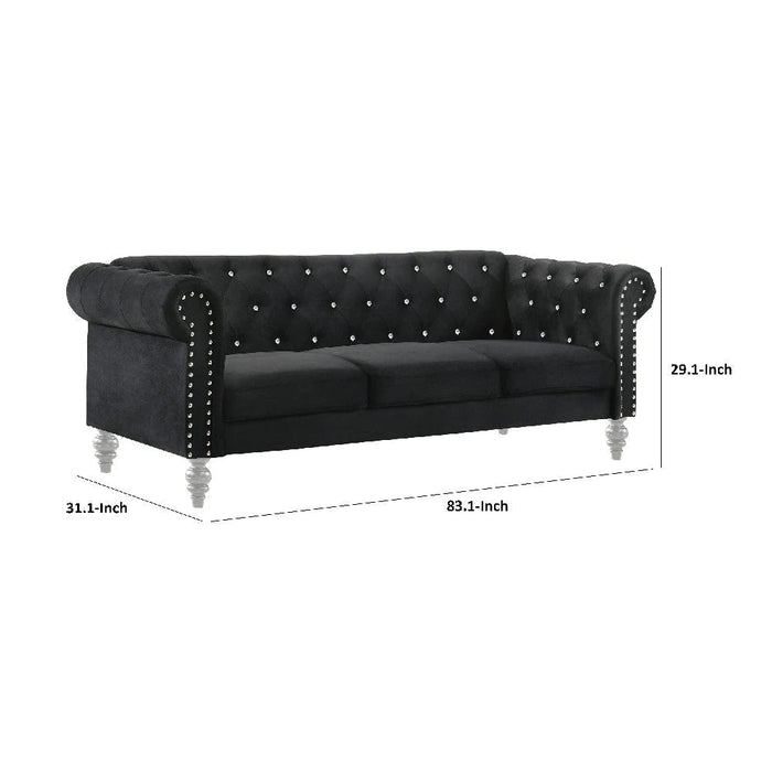 Benzara Ben 83 Inch Velvet Sofa With Crystal Tufted Back, Black BM271908